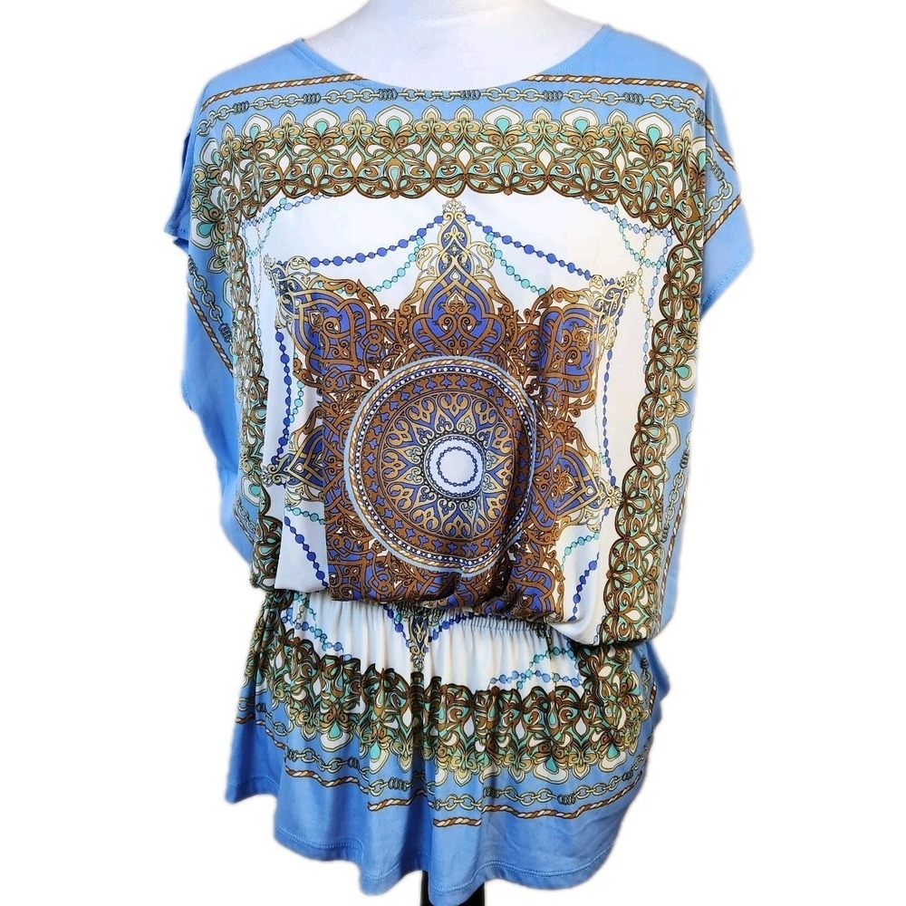 Isabella Rodriguez Womens Top Size Large Blue Floral Banded Elastic Waist Blouse